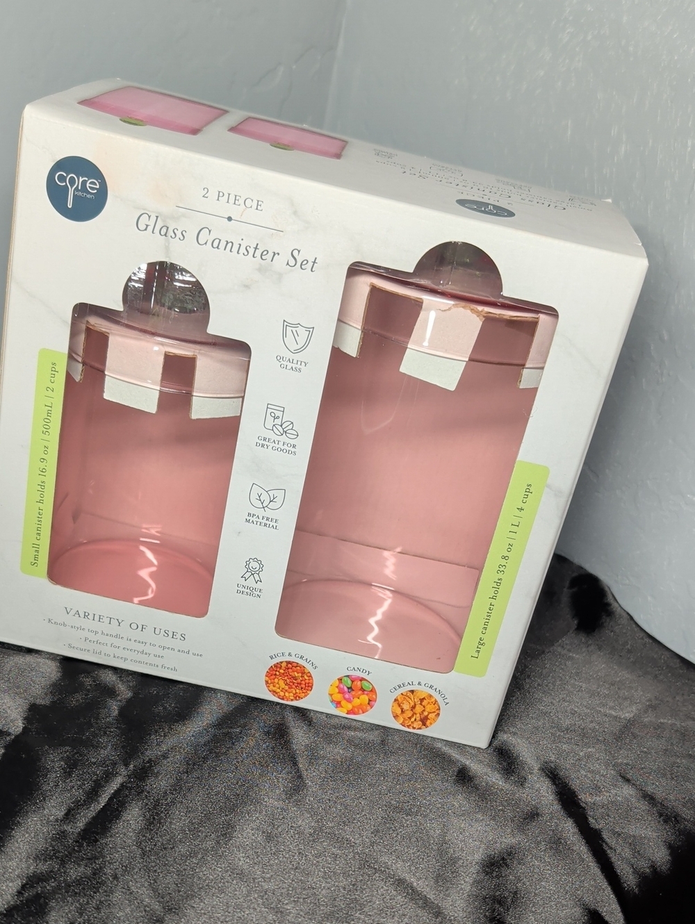 Core Home Pink Glass Canister Set - 2 Piece Airtight Storage